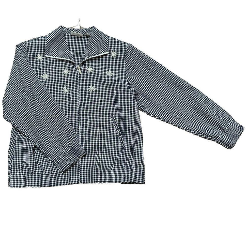 Alfred Dunner Fall Jacket 10P PETITE Blue Gingham Checked Embroidered Flowers